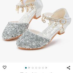 Girls Sandals Size 4 Glittler Bow Dress Shoes Princess Crystal High Heels Wedding Flower Girls - New