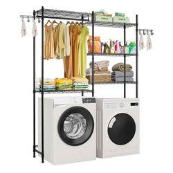 Over Washer and Dryer Storage Shelves, 5 Tiers Laundry Room Drying Rack with Hanger Rod and Hooks, Two Rows Adjustable Washer Shelves Space Saver, for