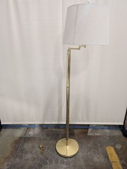 Modern Polished Brass-Toned Floor Lamp with Off-White Fabric Shade