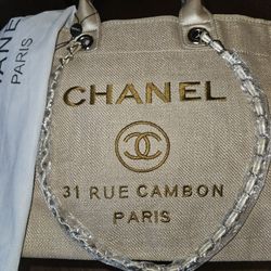 CHANEL Deauville Chain Tote Canvas Bag