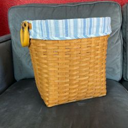 Large Longaberger Basket With Leather Handles And Plastic And Fabric Liner, Magazine Holder