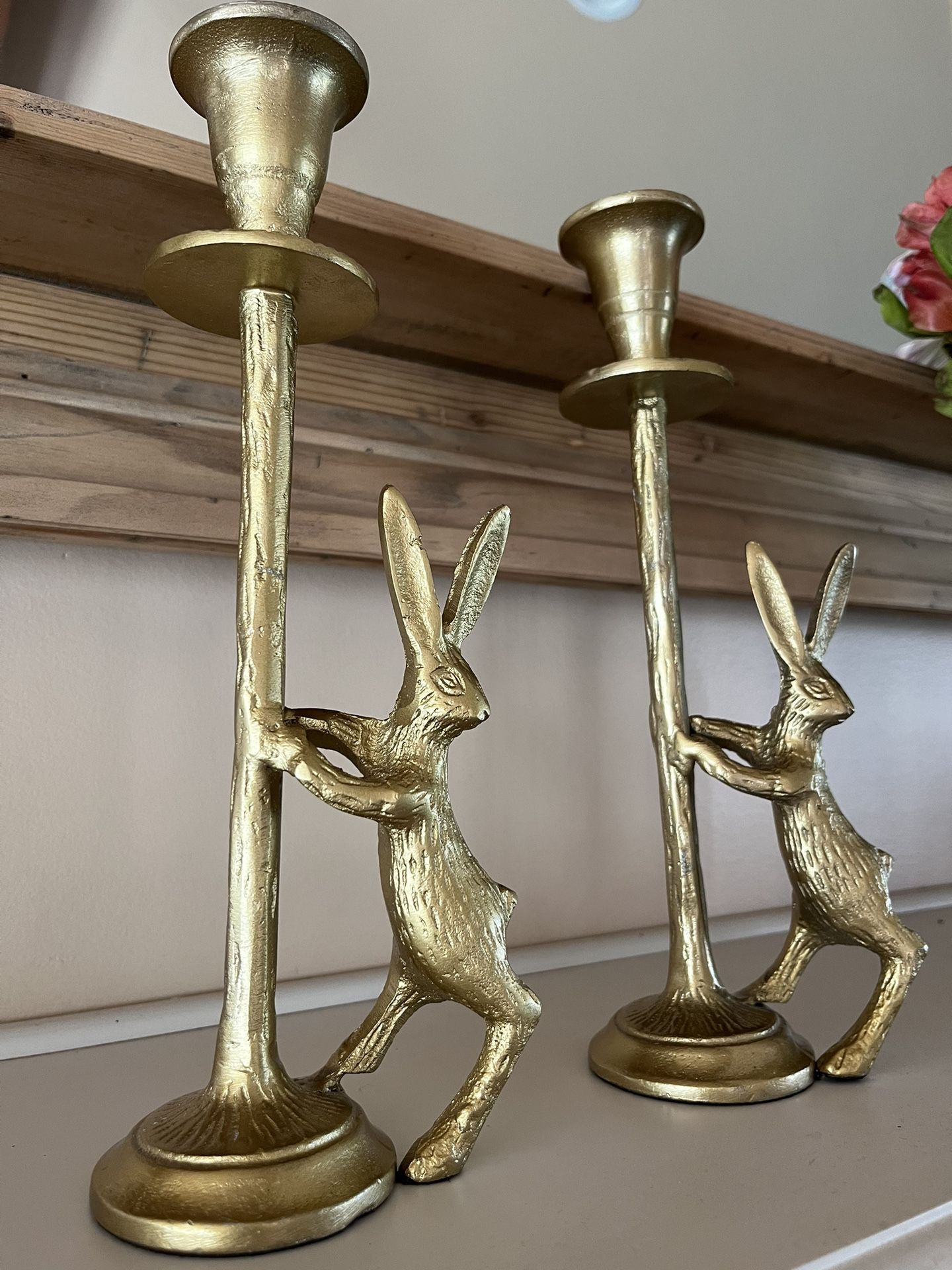 Pair Of Gold Bunny Rabbit Taper Candle Holders -10.5”