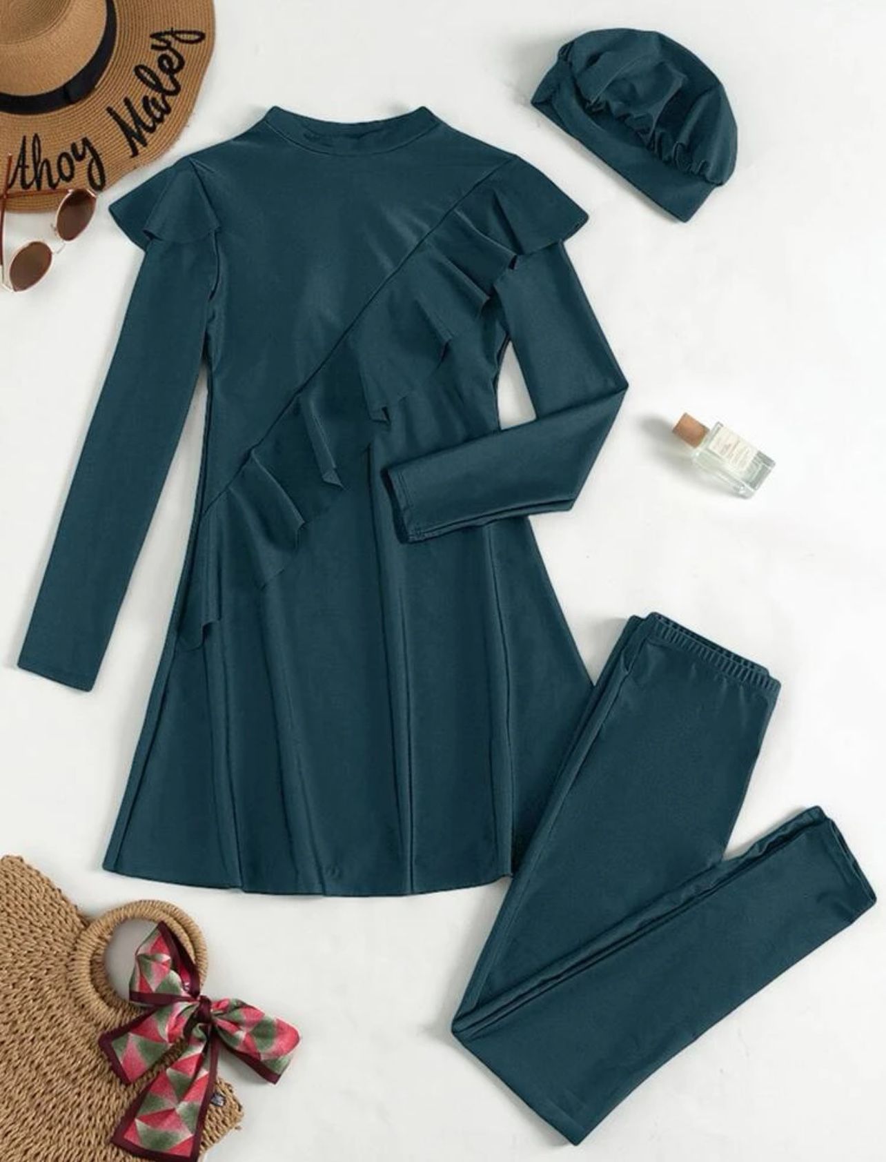 (3pces)Teal blue size S Summer beach tankini set, long sleeve full body Swim dress & leggings & hat 