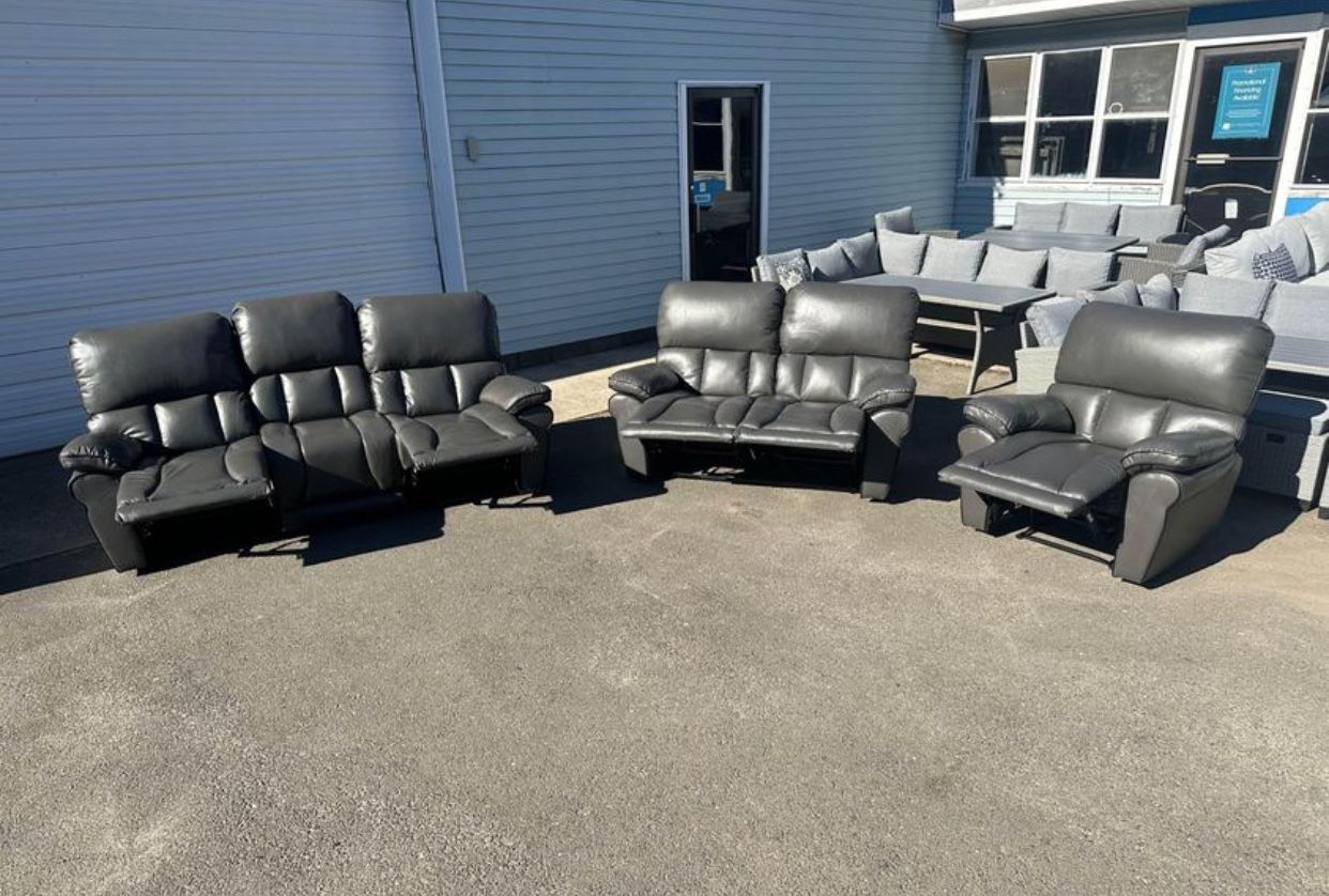 FREE DELIVERY AND INSTALLATION - Gray Leather Manual Recliner 3 pices (Sofa Love Seat and Chair)