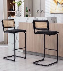 Modern Bar Stools with Rattan Back Set of 2 Boucle Fabric Mid Century Style
