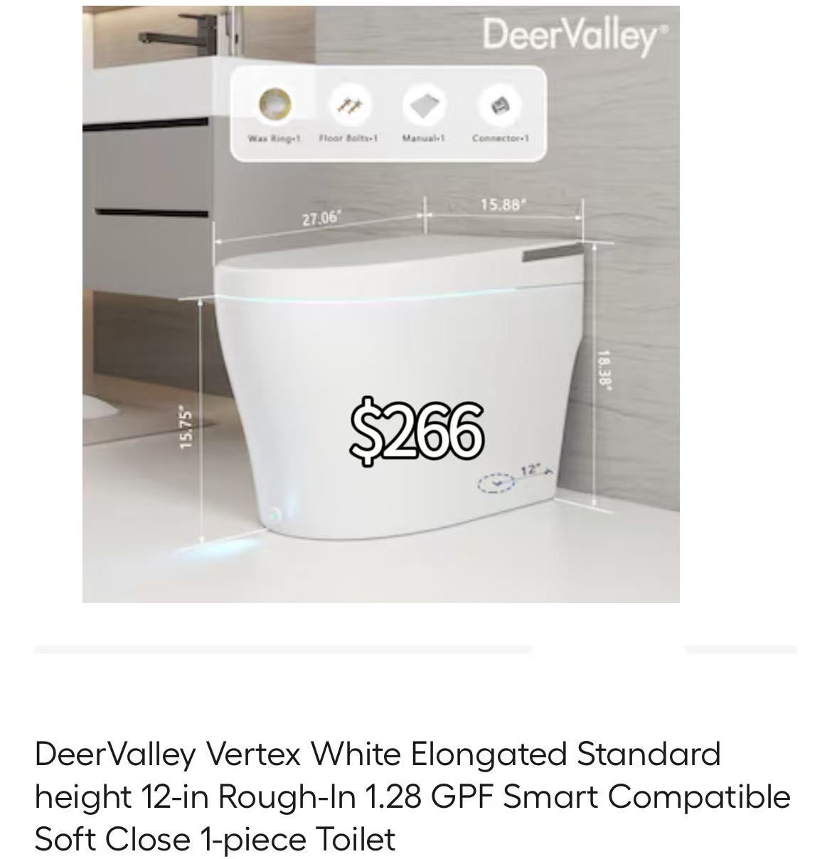 😀 DeerValley Vertex White Elongated Standard height 12-in Rough-In 1.28 GPF Smart Compatible Soft Close 1-piece Toilet