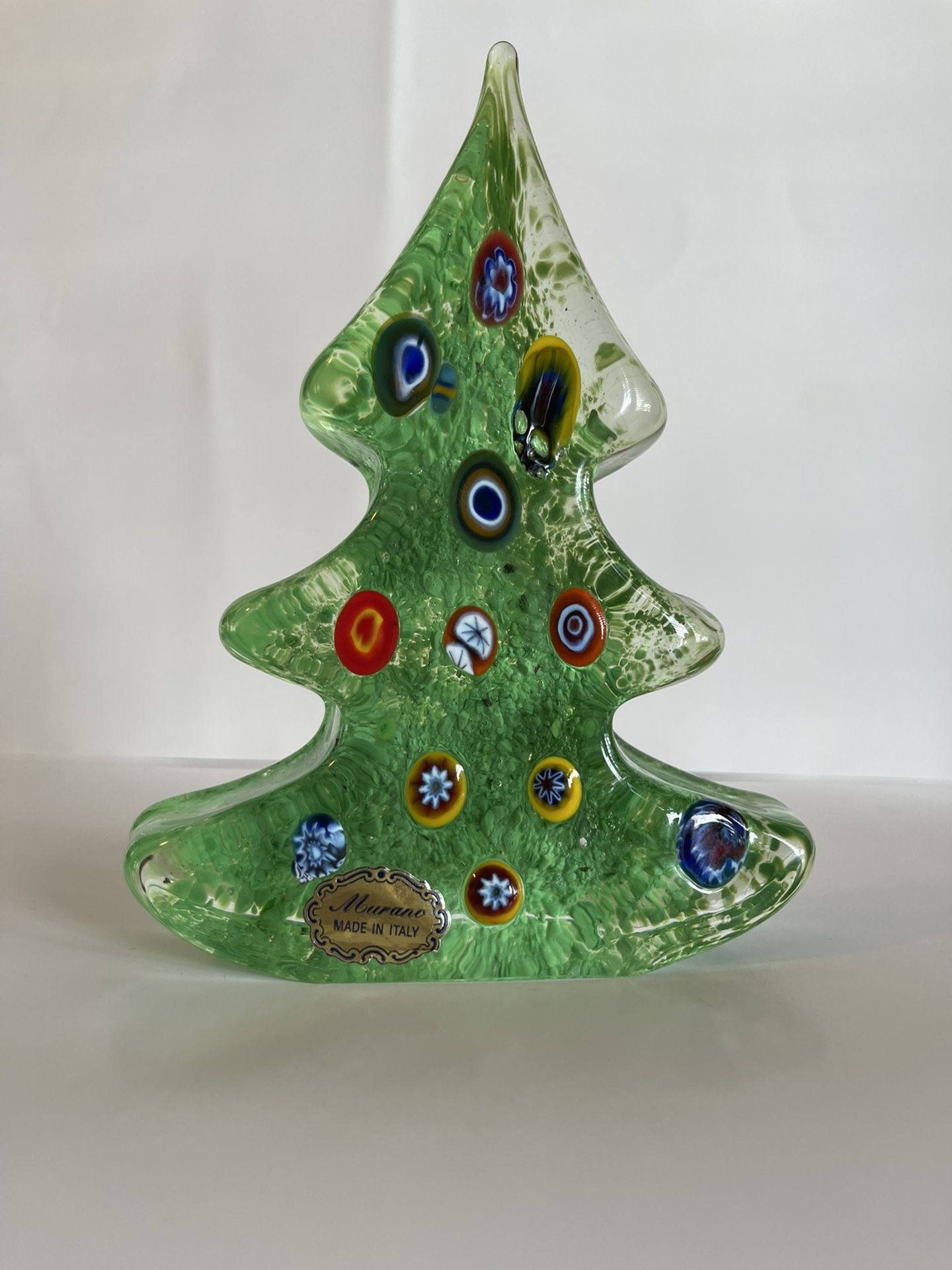 Murano Glass Green Christmas Tree Millefiori Art Glass Paperweight