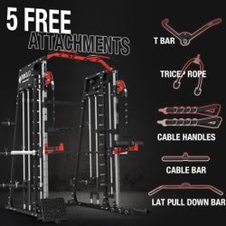 Smith Machine, 2200lbs Squat Rack with LAT-Pull Down System & Cable Crossover Machine, Training Equipment with Leg Hold-Down Attachment