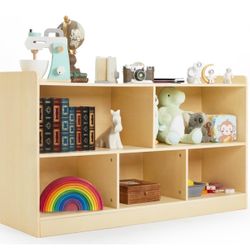 Brand New In The Box- PTINFLUCE Wooden Toy Storage Organizer for Books Toys, Montessori Shelf, 2 Shelf Bookcase, 5-Section Storage Cabinet, Toddler Bo