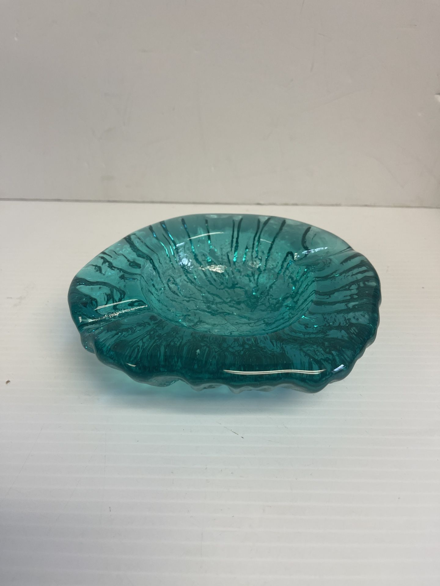 Vintage glass ashtray sea green turquoise heavy blown glass footed - A1023