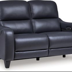 Signature Design by Ashley Mercomatic Contemporary Leather Match Wall Hugger Power Reclining Loveseat with Adjustable Headrest and USB Ports,