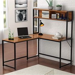 Tribesigns L-Shaped Desk with Hutch,55" Corner Computer Desk Gaming Table Workstation with Storage Bookshelf for Home Office,Vintage Walnut