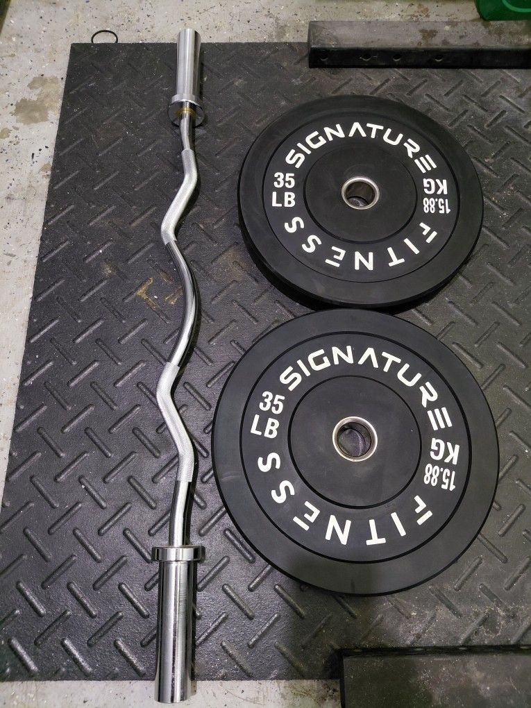 Curl Bar And 35lb Bumper Plates