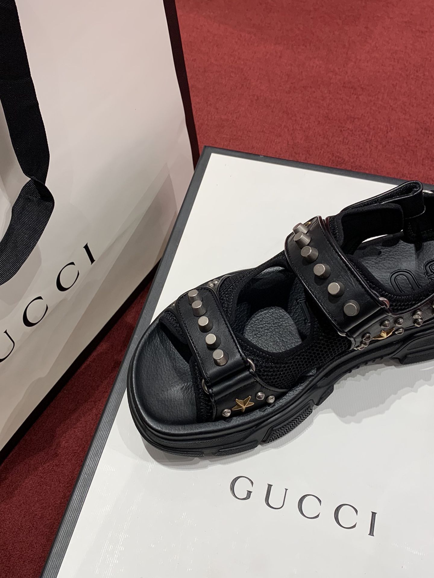 Gucci Black Leather And Mesh Aguru Studded Platform Sandals