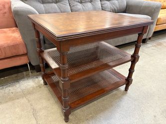 Vintage Wooden 3 Tier Accent Table with Cane Details