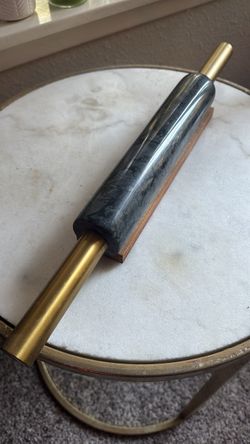 Black Marble Rolling Pin with Gold Handles and Wood Base