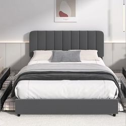 VECELO Full Size Upholstered Bed Frame with 4 Drawers and Adjustable Headboard, Velvet Platform Storage Bedframe Mattress