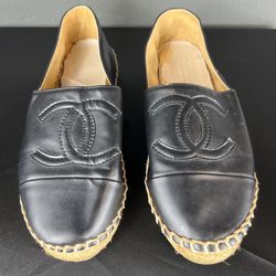 Chanel Classic Black Leather Espadrilles Sandals Flats (Size 39) 100% AUTHENTIC