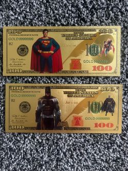 $10 Each Superman & Batman NOVELTY 24kt Gold Foil Plated Collector Bills