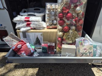 Starter Christmas Set. Tree W Lights, Christmas Bobbles, Some Gift Bags Garland And More