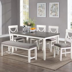 FARMHOUSE WHITE AND GRAY DINING SET 4 CHAIRS AND BENCH