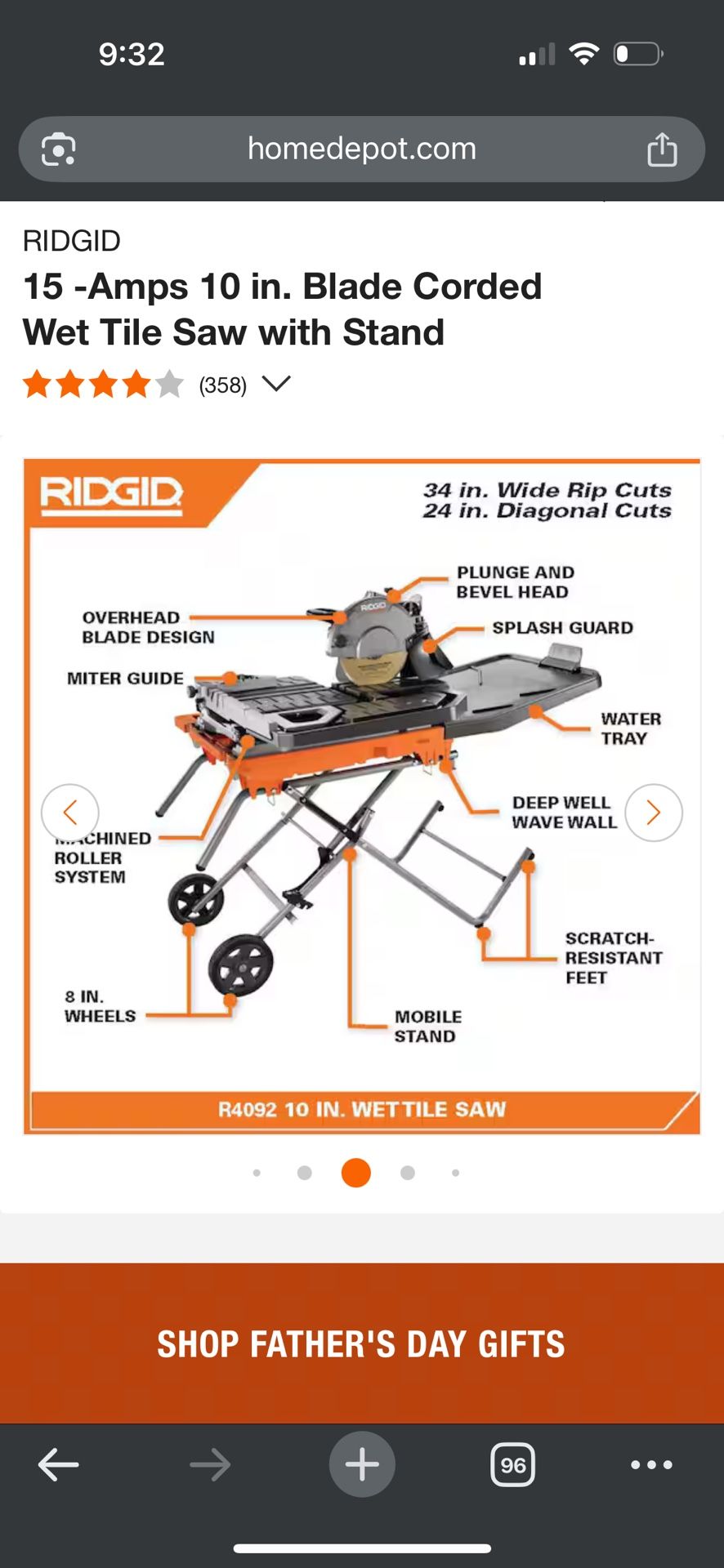 Ridgid Wet Tile Saw 15amp 10in…New!