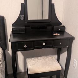 Compact Black Vanity With Mirror And Storage + Seat Included 
