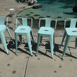 Set Of Four Metal 24 Inch Distressed Barstools - Light Teal Color