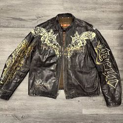 Custom The Great China Wall Distressed Skull Head Guns Leather Jacket Size LARGE