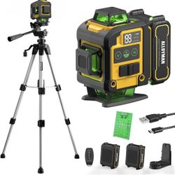 Laser Level with Tripod, Alloyman 4x360° Self Leveling Laser Level, Green Line Laser 4D Laser Leveler Tool with 2Pcs Lithium Batteries for Picture Han