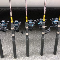 5 brand new Penn and Shimano spinning rod and reel fishing combos 