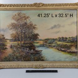 XL Framed Oil Painting on Canvas Man Boat Fishing Landscape Boat Dog