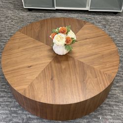 35.5” Brown Modern Round Wood Coffee Table ✨A Beautiful, Stylish Centerpiece  This modern round wood coffee table features a warm brown finish and a 