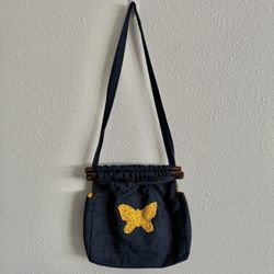 Vintage Y2K Blue Denim Yellow Butterfly Boho Cottage Jean Crossbody Bag Purse