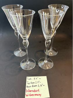 Ichendorf Handarbeit Flute Crystal Glasses West Germany Clear Stemware Set of 4 8.5"