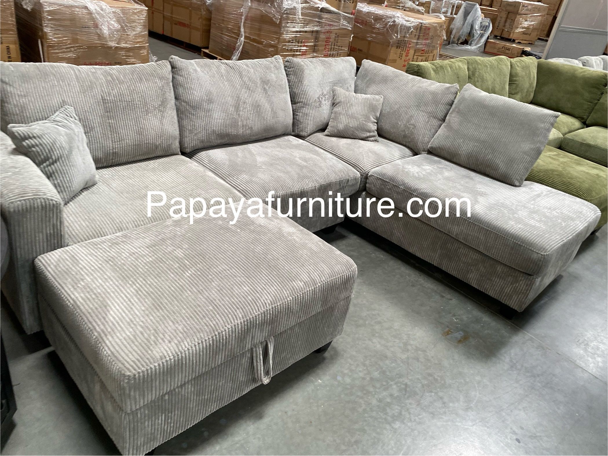 106” New Plush Gray Sectional, Sectional And Storage Ottoman, Sectionals, Sofa, Couch, Gray Couch, Grey Couch, Corduroy Sectional, USB Charger Sofa Di