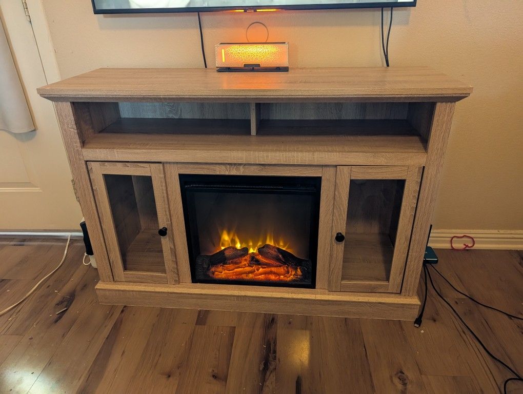 🔥 TV Stand with Electric Fireplace Insert – Light Oak Finish