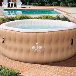 Aura 6-Person Inflatable Hot Tub, 75" x 27", with 118 Jets, Remote, Pump, 2 Filters and Tub Cover, Brown