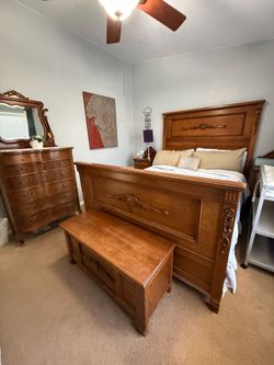 Complete 6 piece oak queen bedroom set. $600.00
