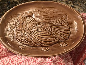 16X11 McCoy Vintage Rooster platter! Rooster with farmhouse background and subtle raised areas. a beautiful glaze!