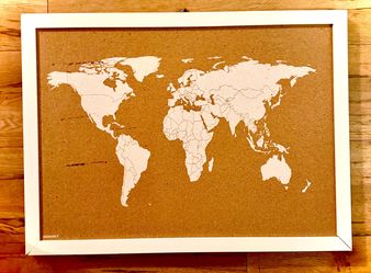 Framed Miss Wood Cork World Map  White Framed Bulletin Board- Great Travel Tracker!
