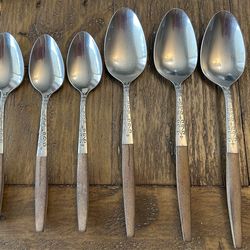 Interpur CANOE MUFFIN Stainless Teaspoons/ Soup spoons Faux Wood Handle Scroll MCM 6 pc