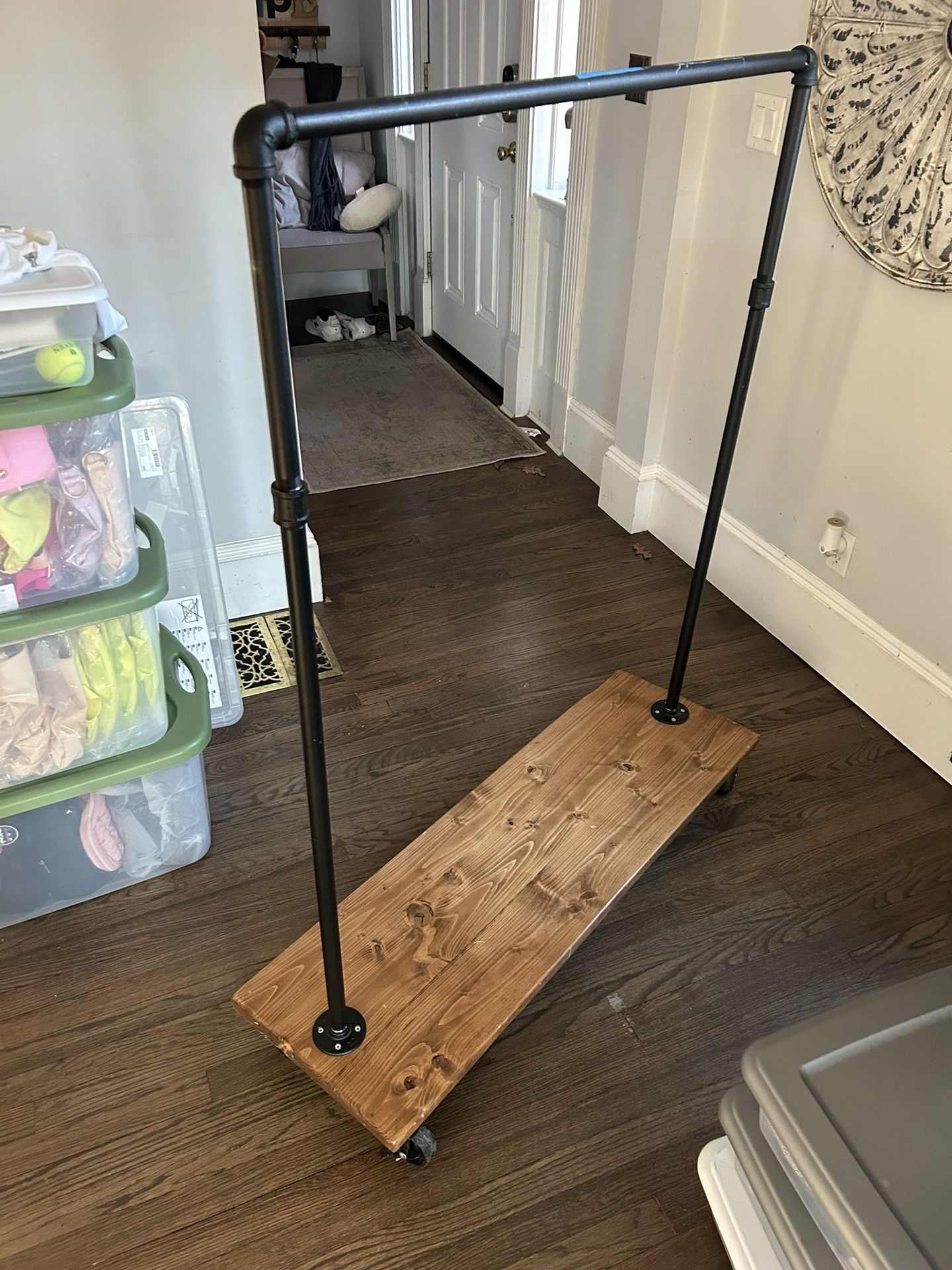 ⭐️ Industrial Rolling Clothing Racks – Solid Wood Base – Set of 2 ⭐️ $150 each or $275 for the pair Dimensions: 46” L × 56” H × 14.5” W
