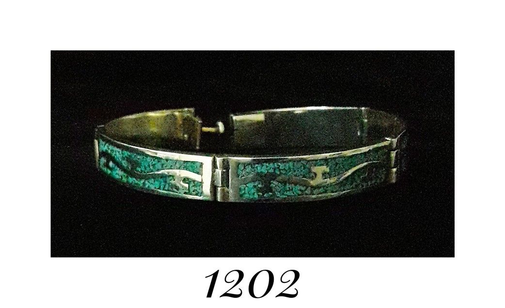 6" x 10mm Heavy Solid Sterling Silver Crushed Turquoise 5 Panel Mayan Aztec Hinged Bracelet