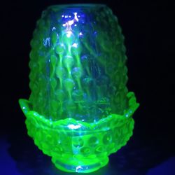 Vintage 5" Fenton Hobnail Fairy Light 2-Pc Fairy Lamp Green Uranium Glass