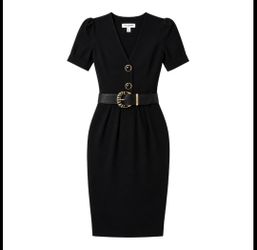 Size 6 St. John Black Knit Dress Gold Buttons Belt Pockets Vintage