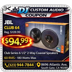 JBL Club Series CLUB64 Car Speakers 1-Set 6.5" 2-Way Coaxial Speaker System 180 Watts 🚨 Payment Options Available 🚨 No Credit Needed 🚨 