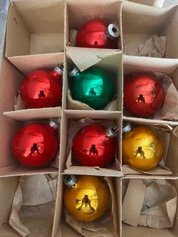 Vintage 8 Mercury Glass Rauch Ornaments with Box / Lid