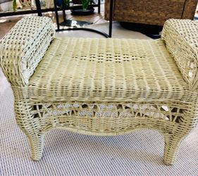 Vintage Wicker Footstool Ottoman Rolled Ends Diamond Weave