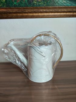 White Metal Watering Can with Gold Handle